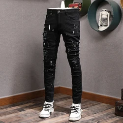 Streetwear Fashion Men Jeans Black Color Stretch Elastic Slim Fit Painted Ripped Jeans Men Patch Designer Hip Hop Pants Hombre