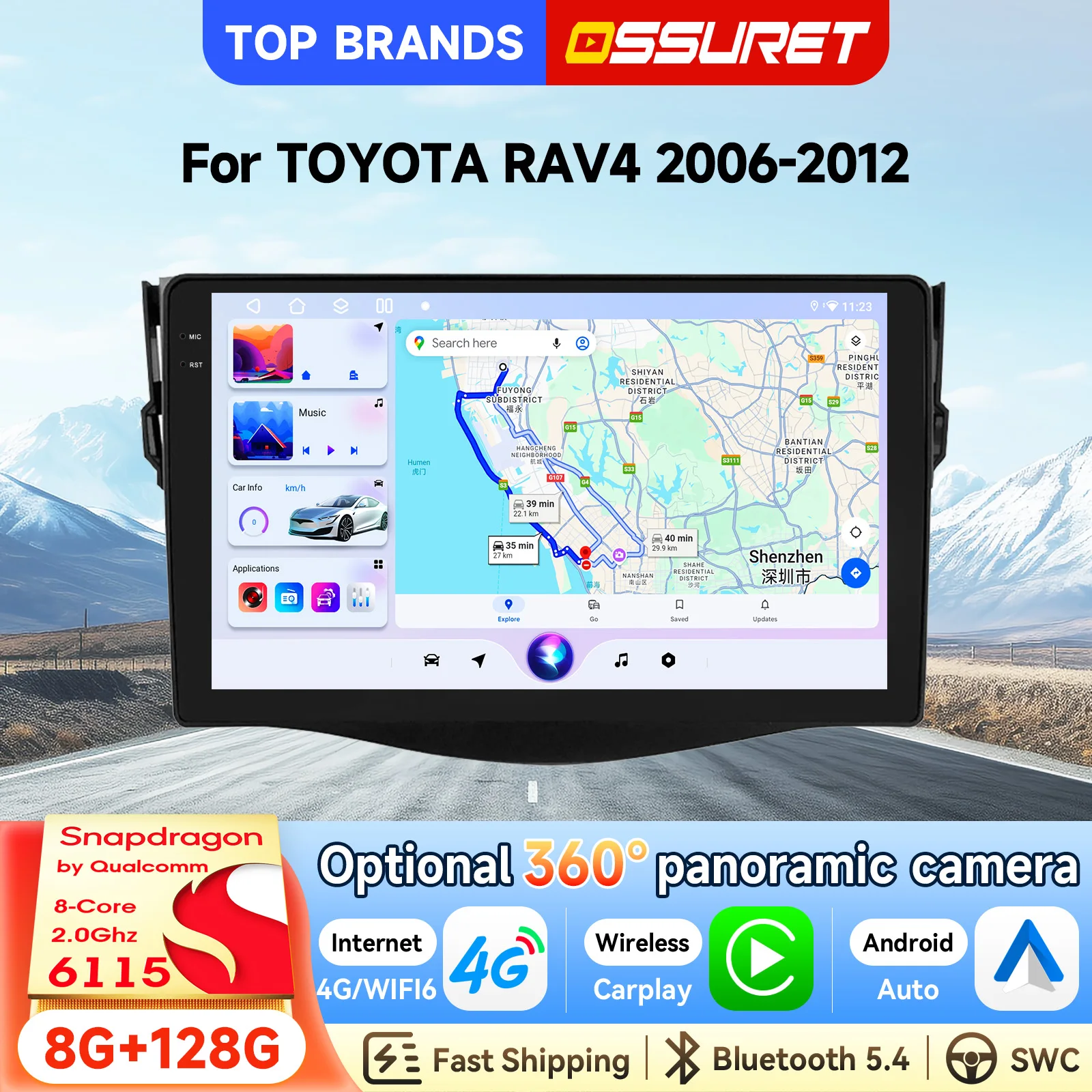 OSSURET Schneller Versand 2 Din 9 Zoll Android 15 Autoradio für Toyota Rav4 2006-2012 GPS-Navigation Intelligentes Headunit Kabelloses CarPlay Android Auto AI SWC RDS FM DSP Audio Radio 4G WiFi