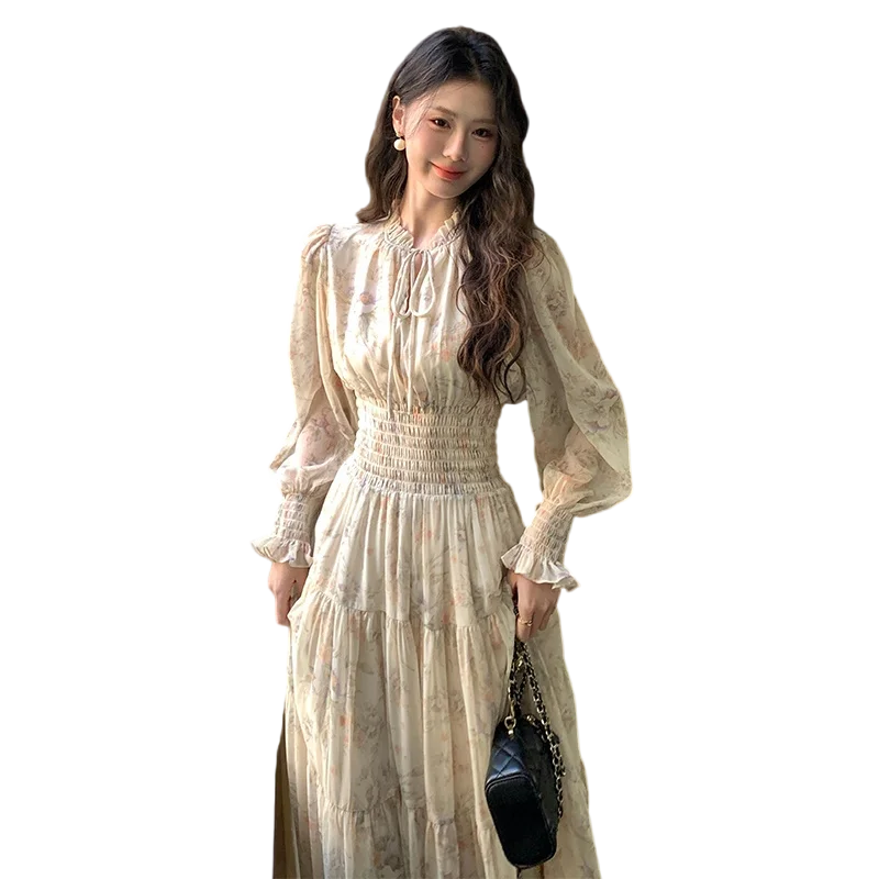 Robe de thé français 2024 - Robe en mousseline de soie florale à taille smockée pour femme avec manches bouffantes et poignets froncés f118