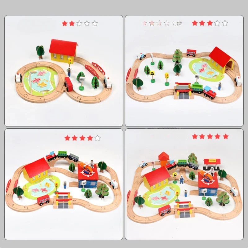 70 stücke Schiene Auto Zug Set Holz Puzzle Bausteine Montage Kinder Spielzeug Konstruktor Montessori Brettspiele Interaktives Spielzeug
