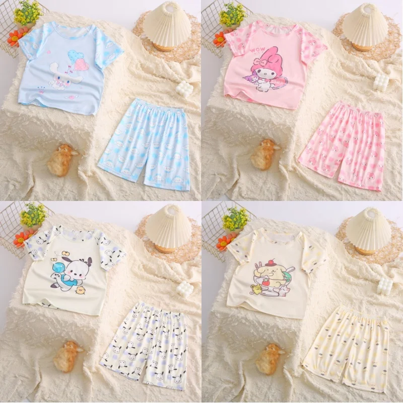 2024 Girl Summer New Cartoon Pajamas Anime Cinnamoroll Kuromi Melody Cartoon Short Sleeved Shorts Kawaii Kids Homewear