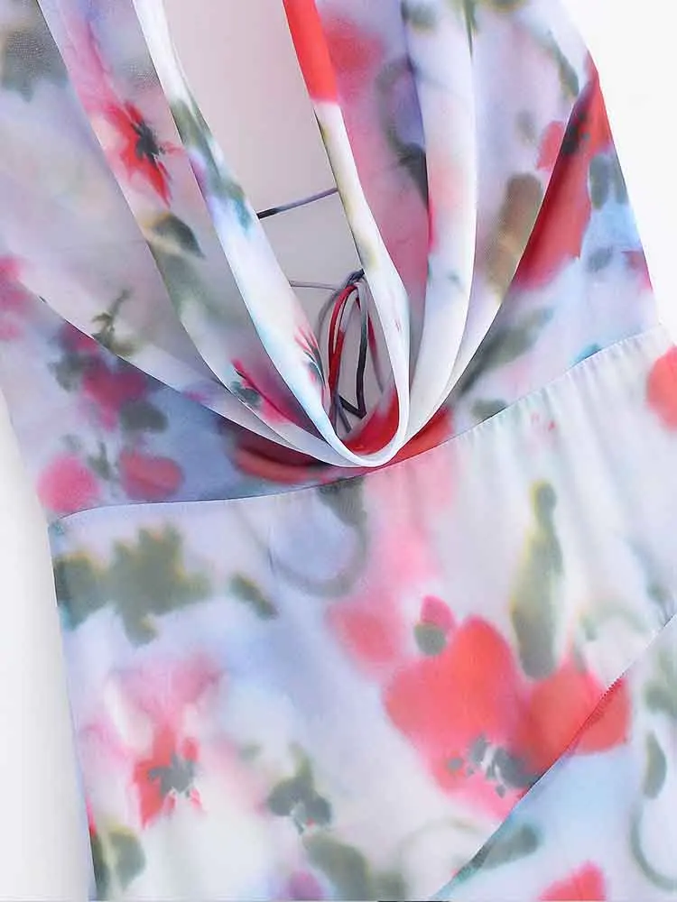 Abito midi con scollo all'americana, fiore caldo, temperamento versatile, stile europeo, nuova moda femminile, senza schienale, tie-dye