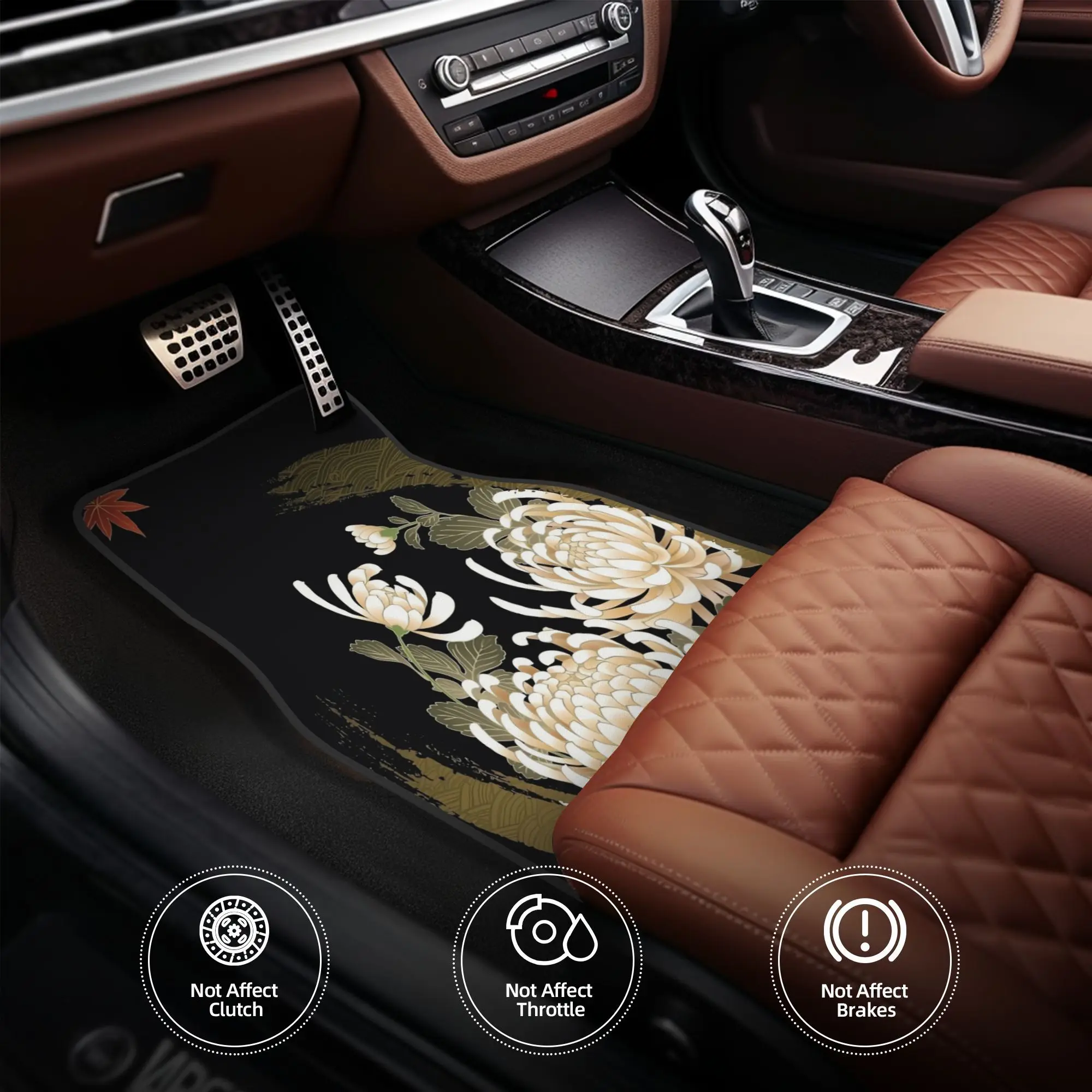 4pcs White Peonies Red Maple Leaves Japanese Kimono Pattern Car Floor Mats, Durable, Fit For Cars, Ideal Gift, Vehicle Interior