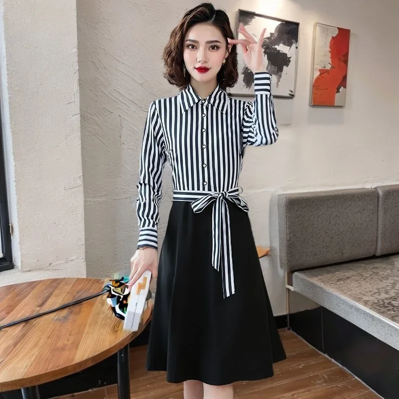 Striped Dress with Long Sleeves with Pockets Shirt Collar Long Sleeves A-line Fake Two-piece Midi Skirt