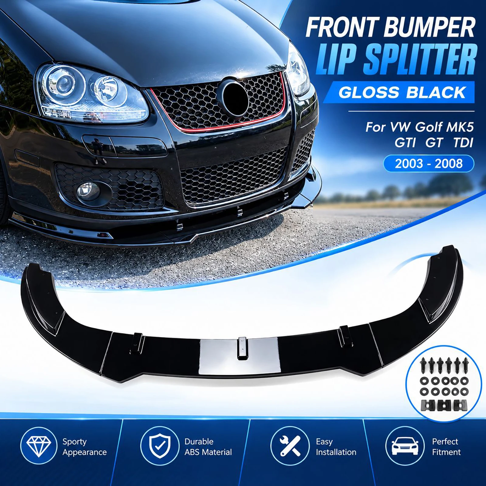 Frontstoßstangenlippe Splitter Hochglanz Schwarz für VW Golf MK5 GTI GT TDI 2003-2008 ABS mit Schrauben