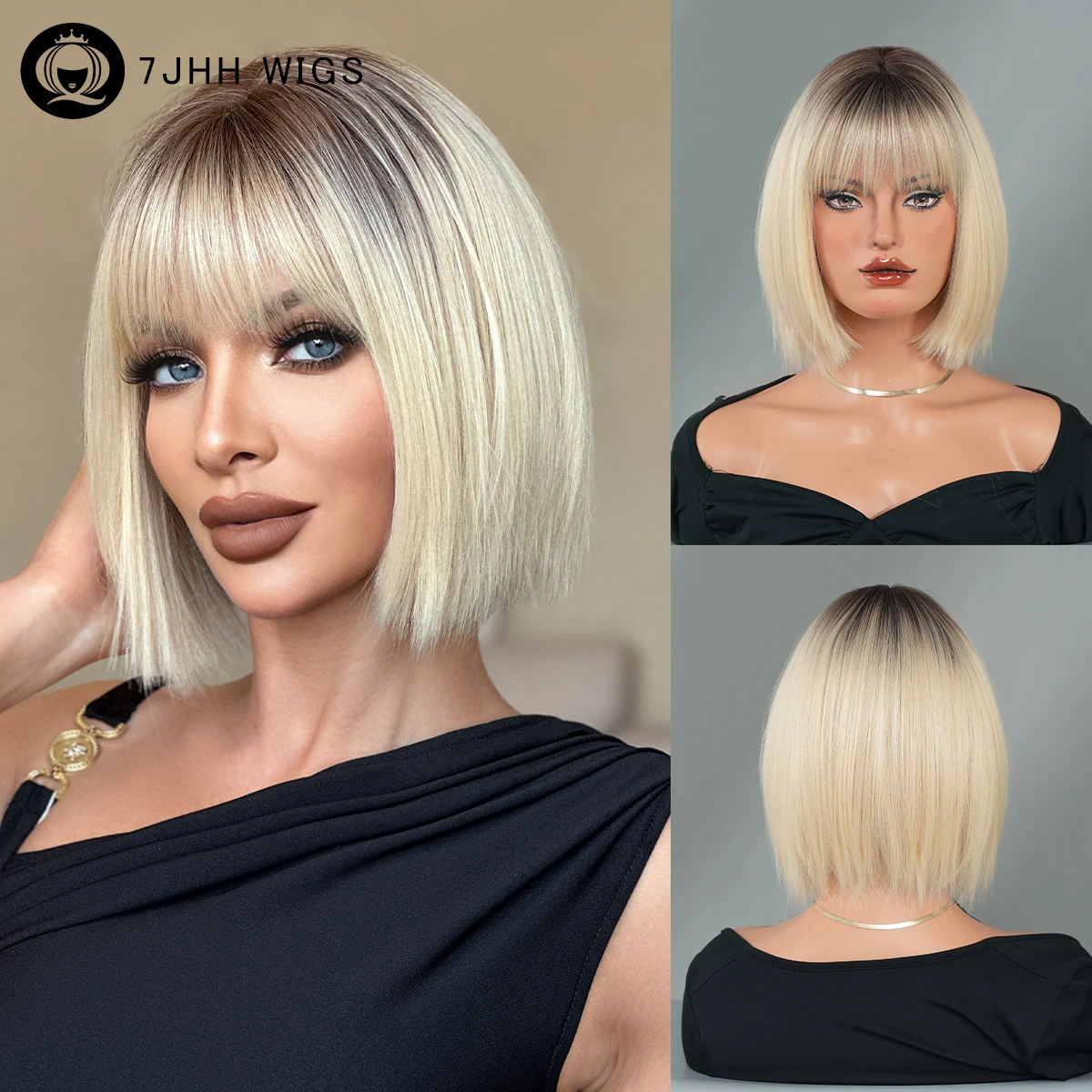 7JHH WIGS Kurze, gerade, blonde Perücke für Damen, synthetische, hitzebeständige, modische, sofort tragbare Bob-Perücken mit dunklen Wurzeln