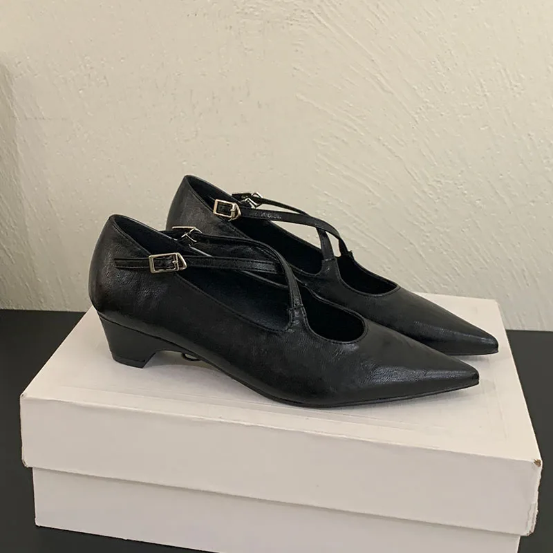 

2025 новые модные туфли-лодочки с пряжкой и ремешком, женские туфли на низком каблуке, женская обувь на мелком каблуке с острым носком, женские туфли Мэри Джейн на каблуке