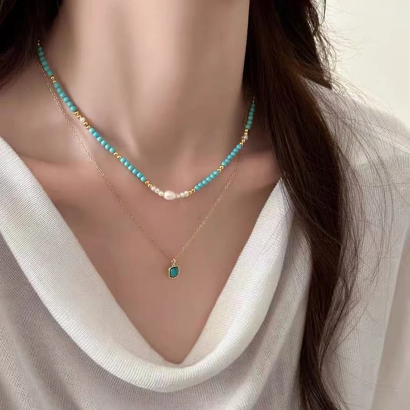 Elegante doppelschichtige geschichtete Nachahmung Türkis natürliche Perle Perlen Halskette trendigen Schmuck für Frauen Sexy Schlüsselbein Kette – Detail 10