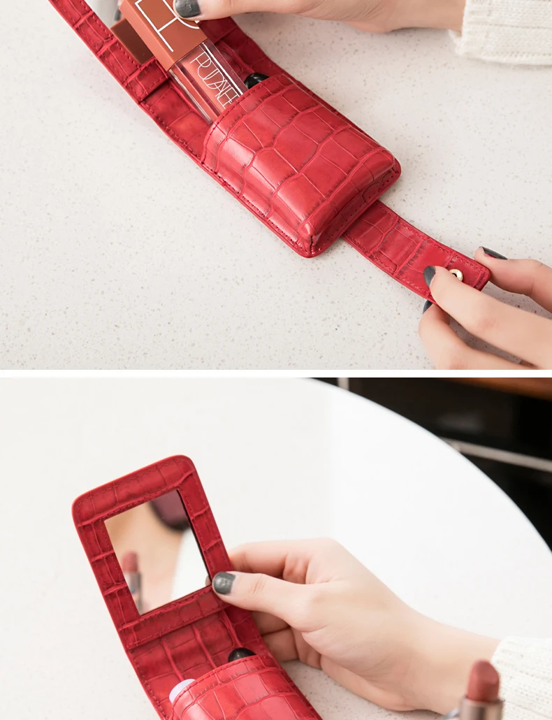 Tragbare Mini-Lippenstift-Tasche mit Spiegel, minimalistische kleine Kosmetiktasche mit Knopf, Damen-Make-up-Aufbewahrungskoffer mit Krokodilprägung – Detail 9