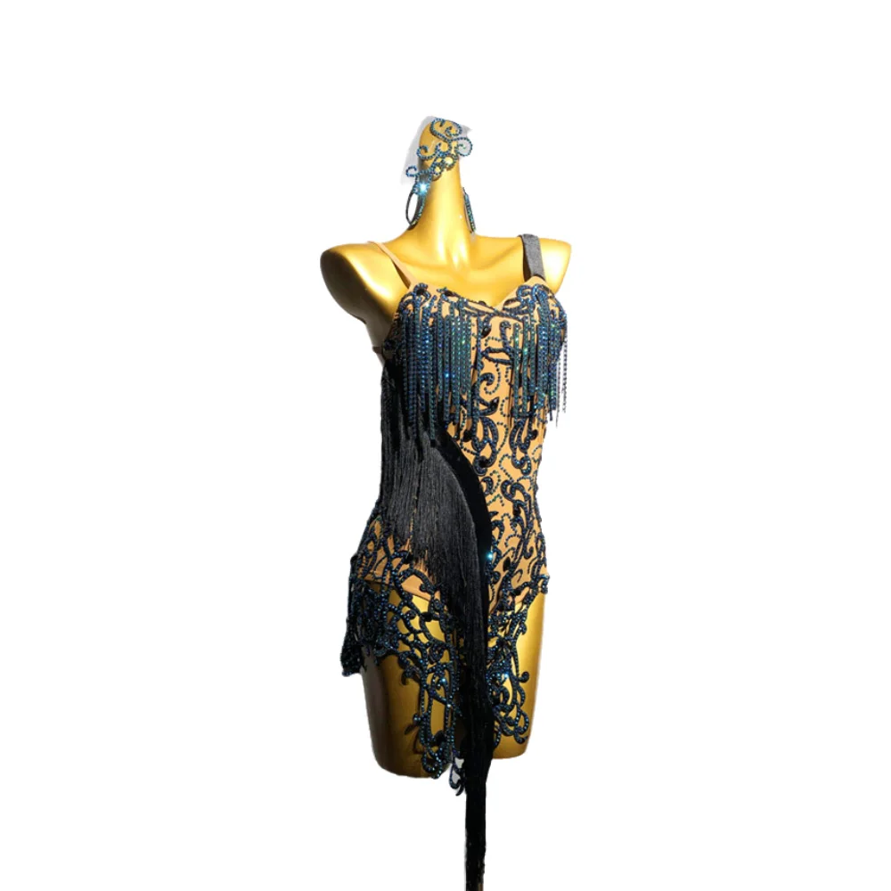 라틴 댄스 AB 스톤 여성 성인 어린이 고급 맞춤형 태슬 자수 꽃 드레스 블랙 풀 삼바 공연 드레스