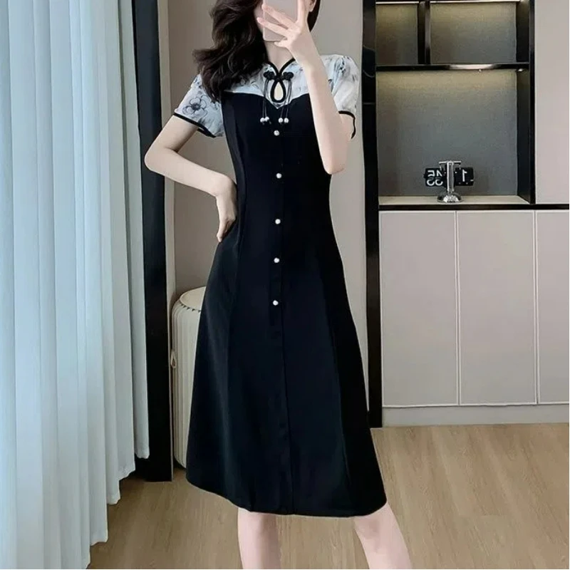 

Fashion Temperament Elegant Chinese Style Cheongsam Dress Short Sleeved Print Patchwork Stand Neck Button Summer A-line Dresses