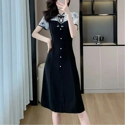 Fashion Temperament Elegant Chinese Style Cheongsam Dress Short Sleeved Print Patchwork Stand Neck Button Summer A-line Dresses