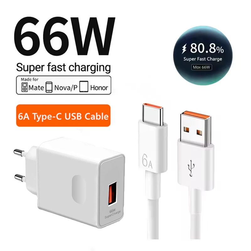 66W Super Fast USB Charger For Huawei Mate 40 50 P50 P60 Nova 10 Honor 90 100 X8b Magic Lite 6 Pro USB Type C Charging 6A Cable