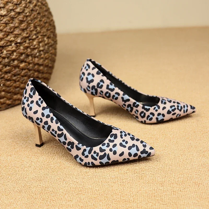 

2025 Plus Size 42 Sexy Elegant Women's Fashion Shoes Leopard Print Fashion Pointed Toe High Heels 7.5cm Sandals Chaussure Femme