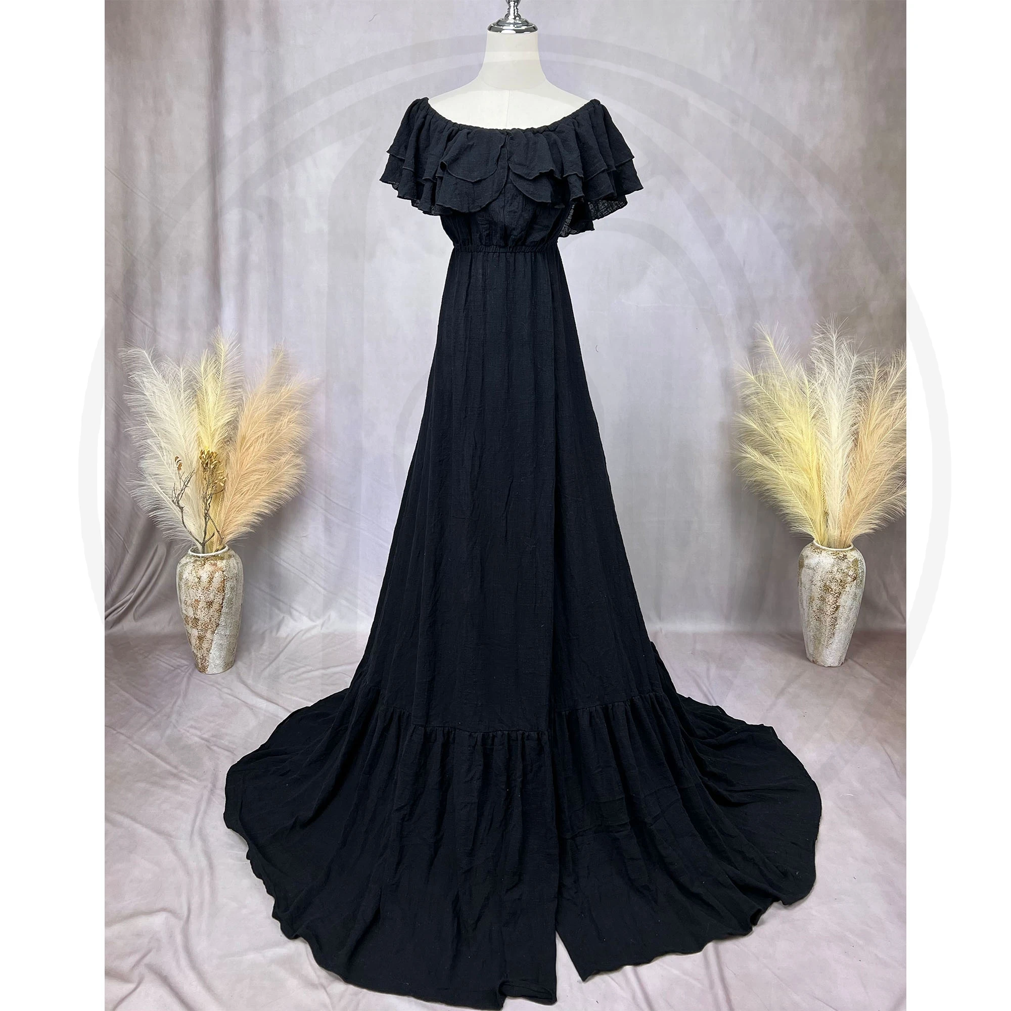 Don&Judy Boho Maternity Maxi Dress Off-Shoulder Ruffle Flutter Sleeves Empire Waist Flowy A-Line Skirt Floor Length Evening Gown view 2