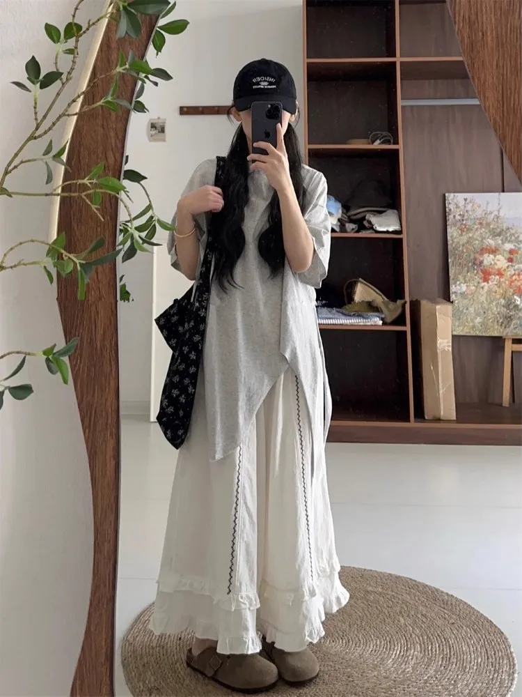 Ele geborduurde hoge taille wijde pijpen broek zomer casual broek met houten gesplitste comfortabele losse pasvorm rokbroek