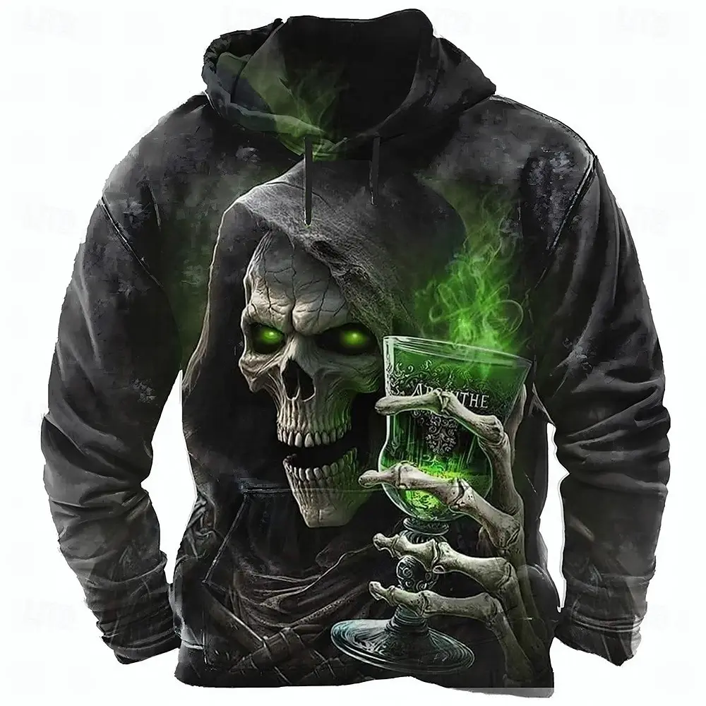 2026 Fall Winter Halloween Men's SKULL 3D Prints Hooded Hoodies Sweatshirt Long Sleeve Crew Neck Streetwear Drawstring Tops
