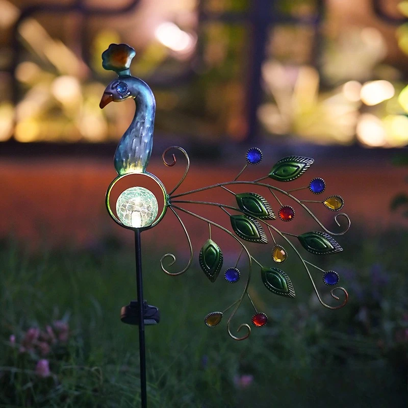 Solar Wrought Iron Peony Stake Light Peacock Decor Lamp Waterproof Outdoor Lawn Yard Patio Garden Landscape Ornament Lighting
