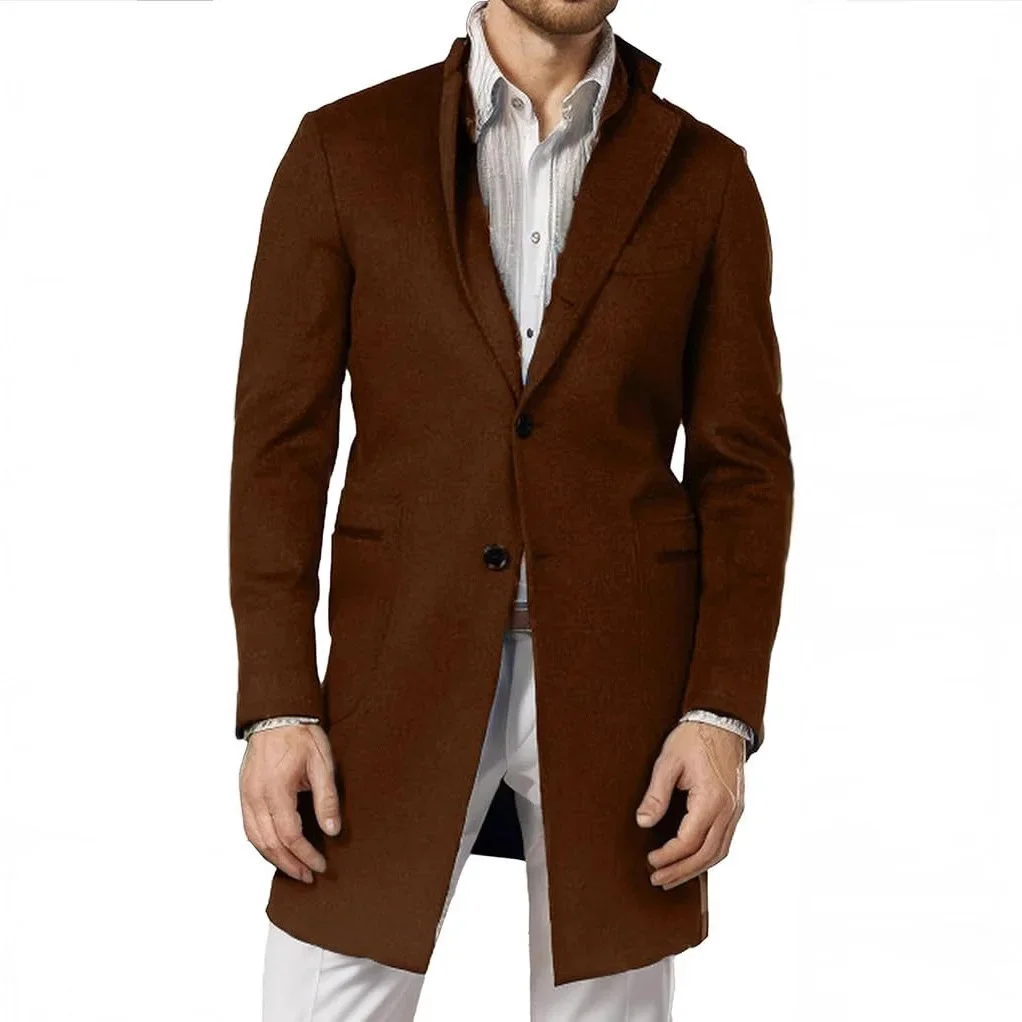 

Autumn Winter Men Overcoat Solid Color Turn Down Collar Male Outerwear Long Sleeve Mid Length Business Casual Man Windbreaker