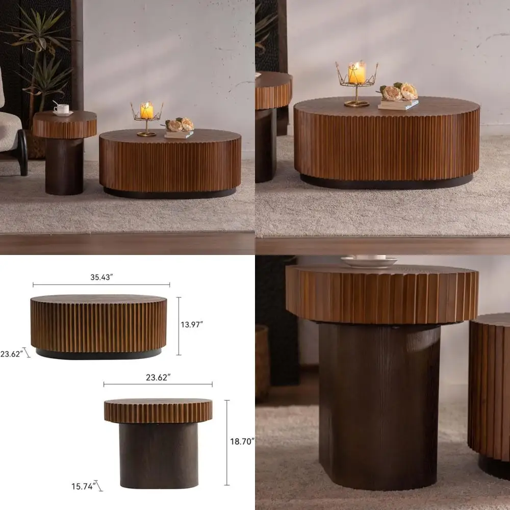 Handcrafted Wooden Nesting Coffee Tables, Modern Luxury Fluted Center Table Set for Living Room