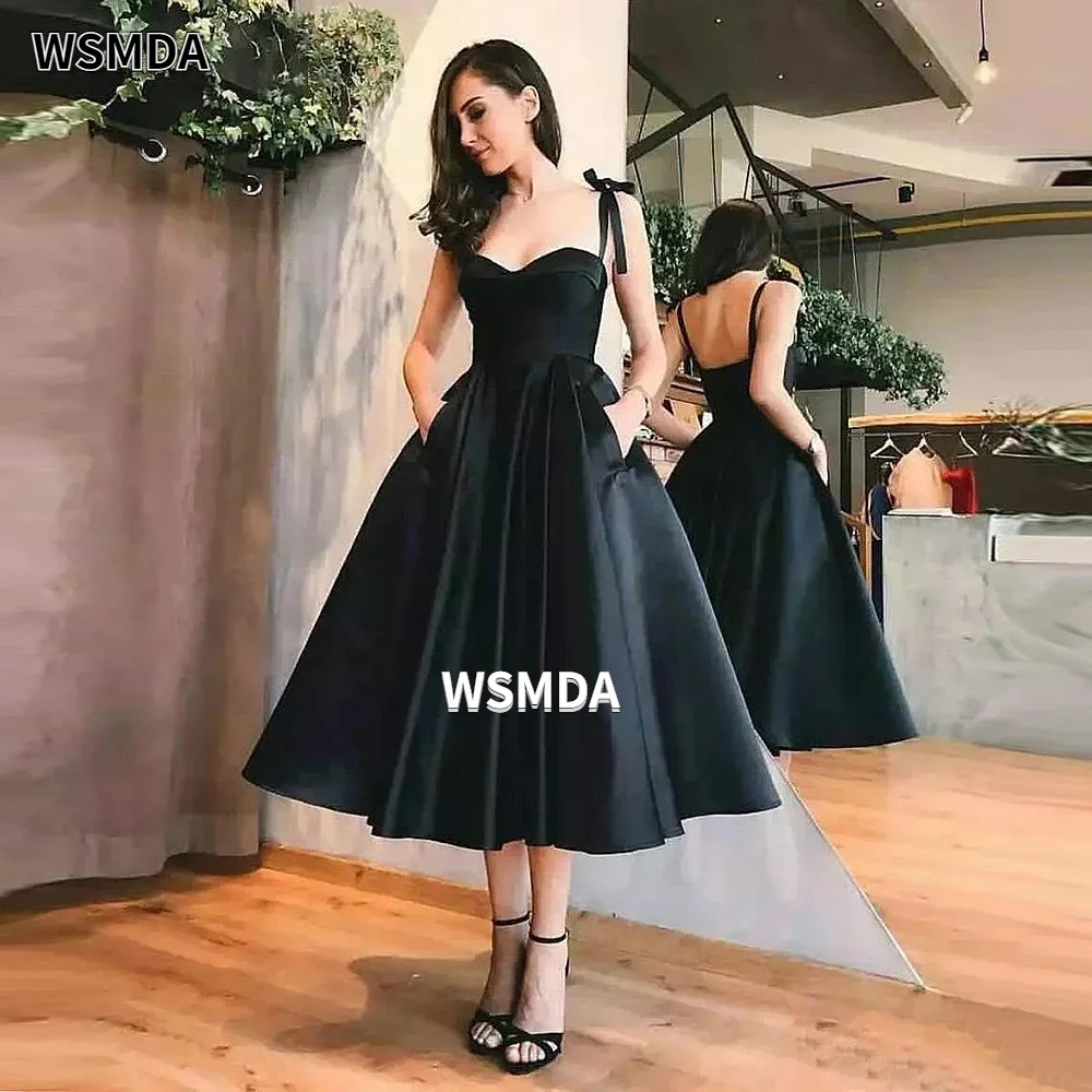 Tea Length Satin Homecoming Dress with Pockets Sweetheart Corset Back A-line Formal Evening Dress Vestidos De Graduación