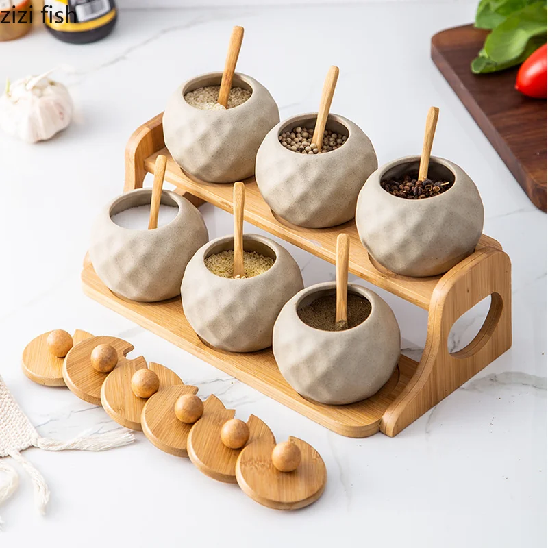 

Ceramic Seasoning Jar 6 Piece Set with Lid and Spoon Kitchen Supplies Spice Container Spice Jar Seasoning Box Condiment Bottles
