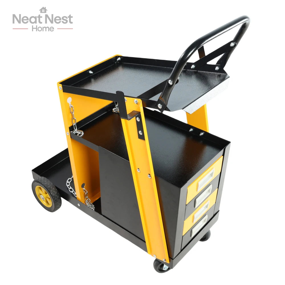 

Multi-function welder trolley,plasma cutter storage tank with 2safety chains,portable 4drawer chest, weight 280 LBS,Yellow+Black