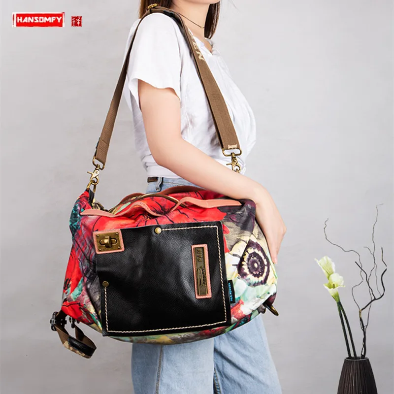 

Casual Tide Women Handbag Female Shoulder Crossbody Bag Laptop Canvas with Leather Multi-use Large Capacity Bags Print 2024 Big