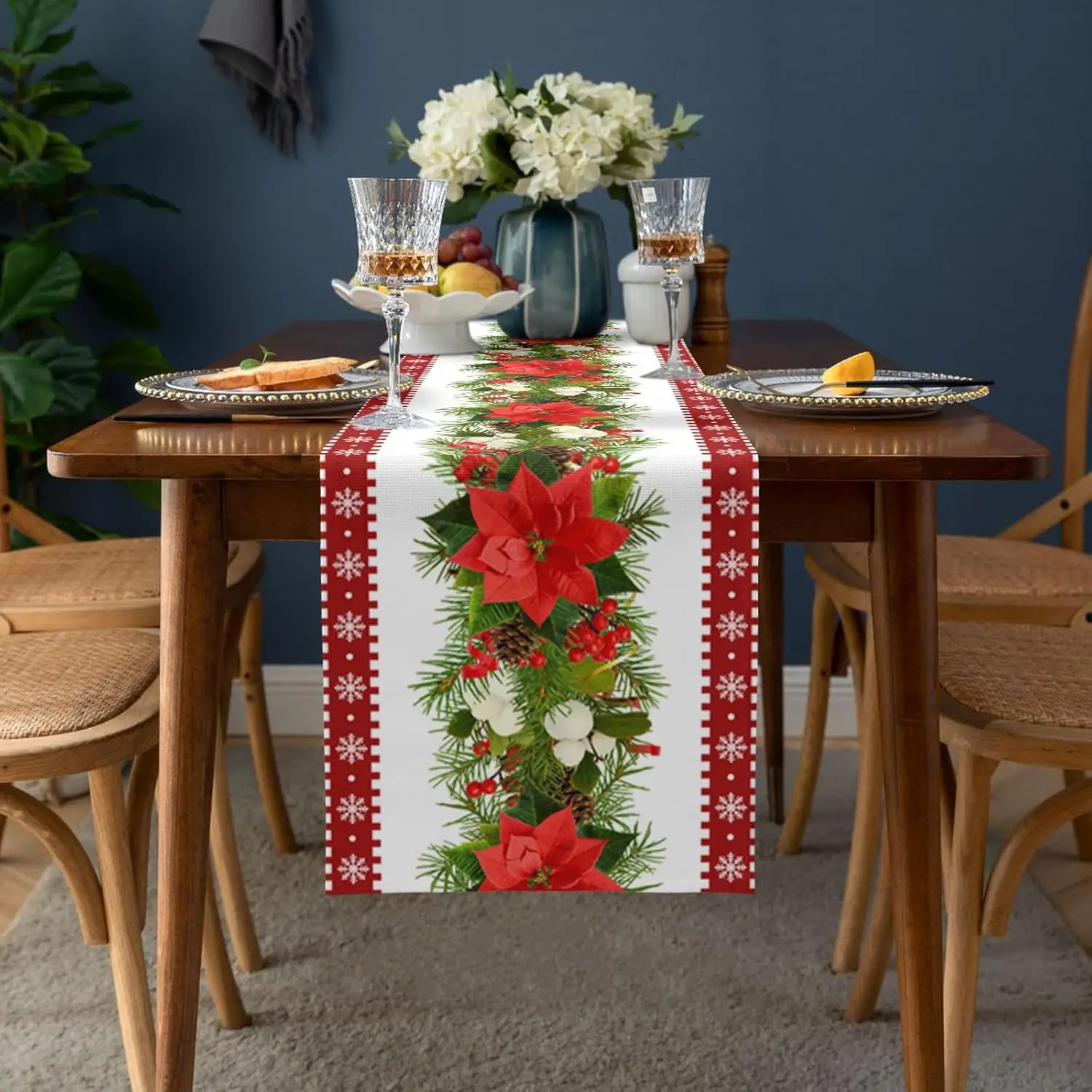 Christmas Poinsettia Berry Holly Leaves Linen Table Runner for Table Decor Winter Pine Cones Snowflake Table Runners Party Decor