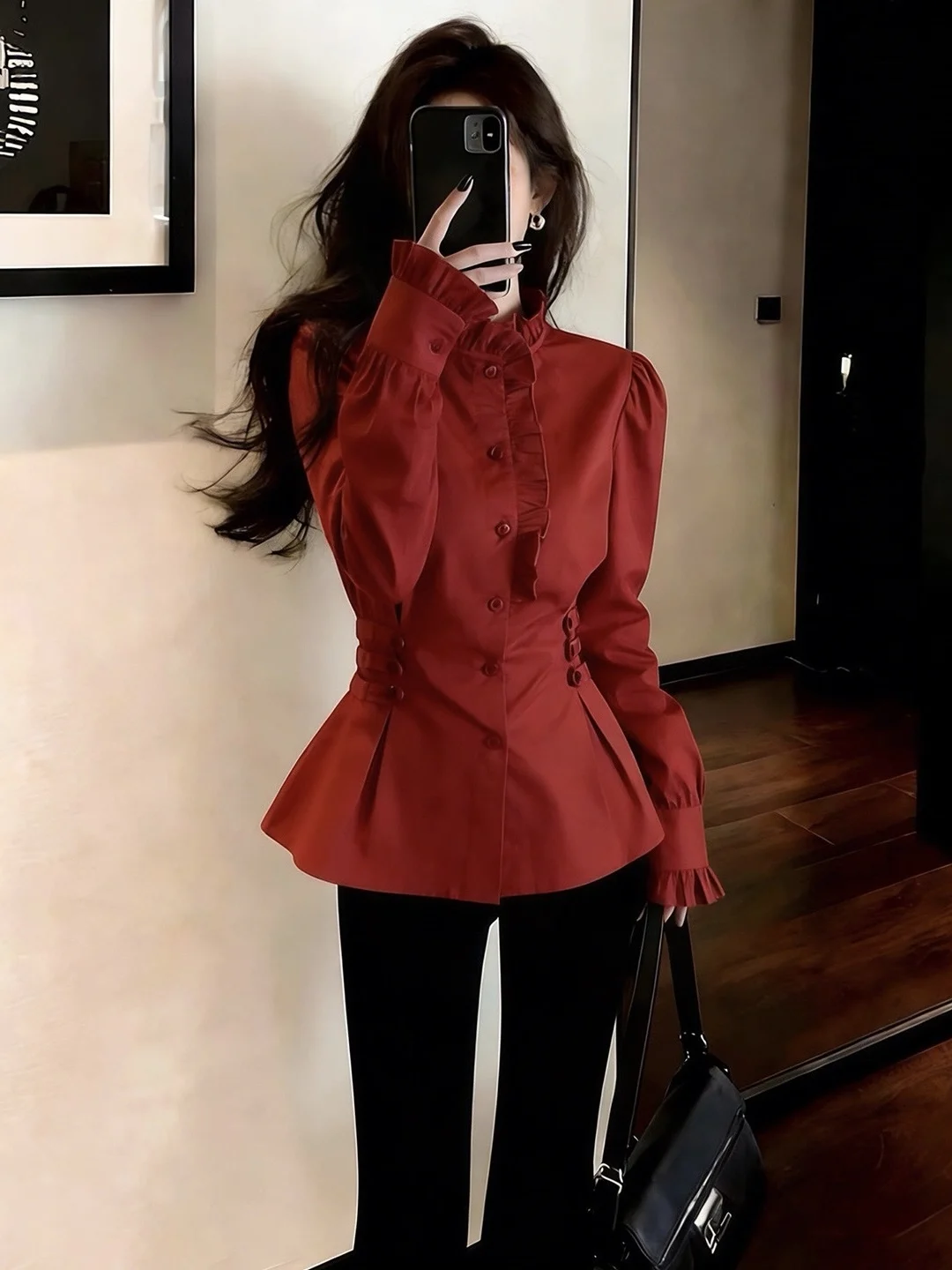 

Весенняя женская рубашка с красной кружевной отделкой, воротником-стойкой и длинными рукавами, приталенного кроя, классического дизайна, универсальная и стильная, для женщин.