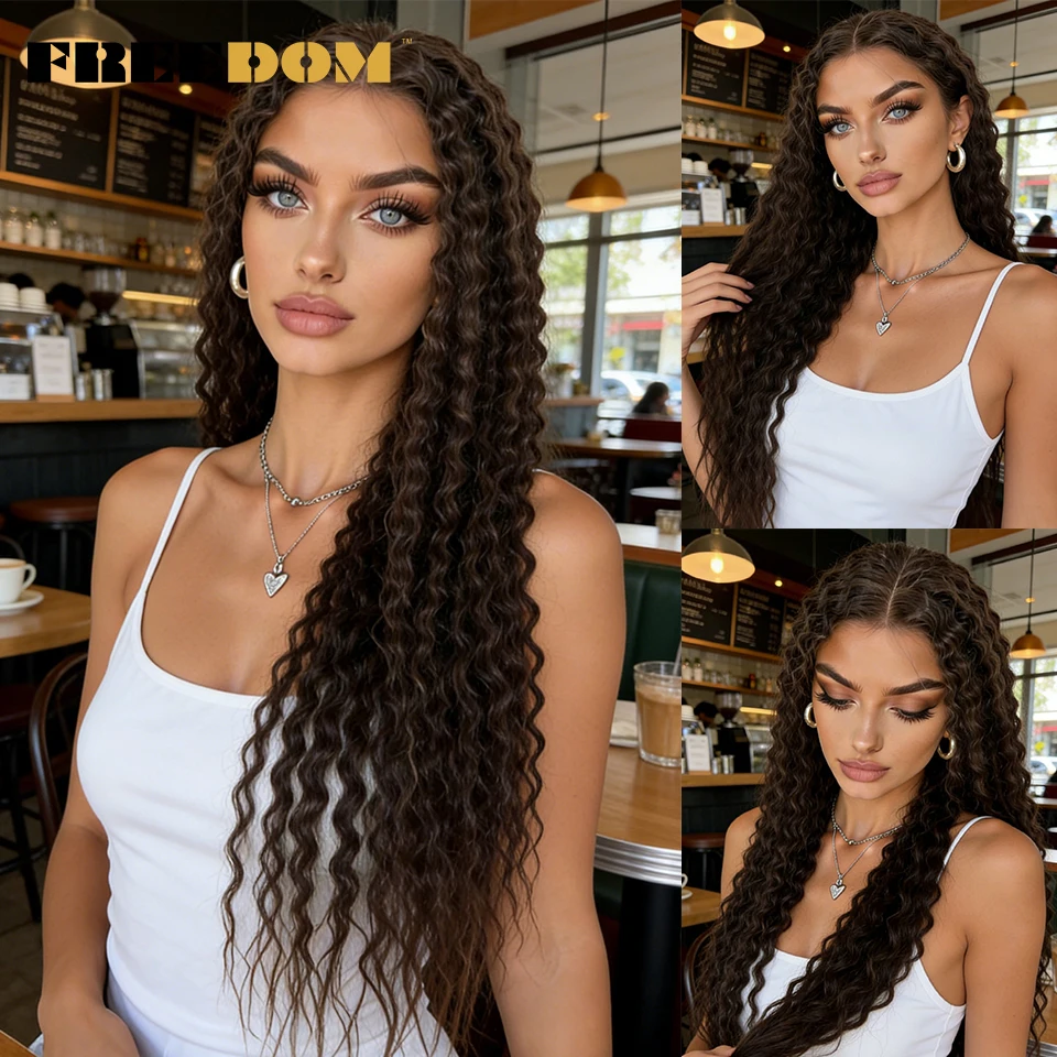 FREEDOM Synthetic Lace Front Wigs For Women 6x4 Pre-cut 32 Inch Long Curly Lace Wig Pre-plucked Ombre Brown Blonde Glueless Wigs