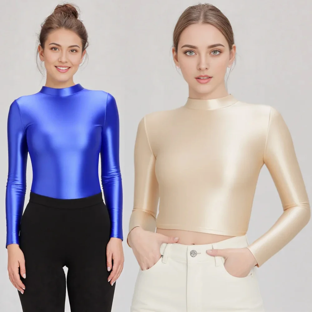 

MJINM Women Shiny Oil Fitness Yoga Stretch Short Tights High Neck Pullover Long Sleeve bodysuit Spandex T-shirts Activewear Tops
