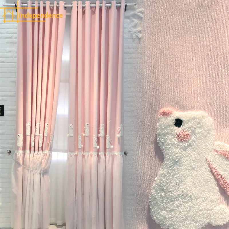 

Cartoon Pink Children's Room Rabbit Flocking Thickened Chenille Curtains for Living Room Bedroom French Window Balcony Window