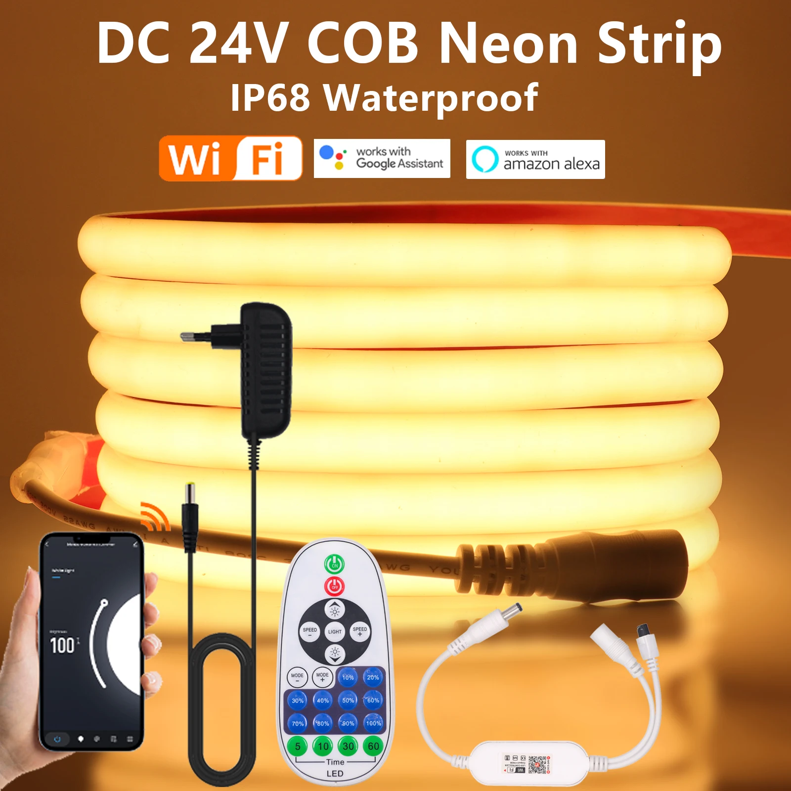 

Tuya Smart WiFi APP IP68 Waterproof COB Neon LED Strip 24V 320LEDs/m Flexible Silica Gel Tape Works with Alexa Google Home