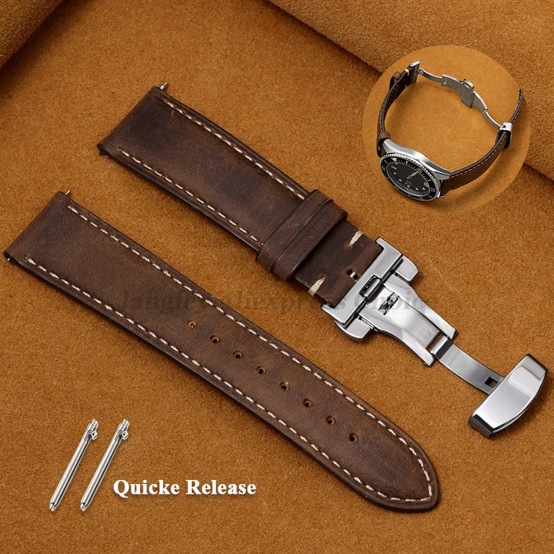 Genuine Calfskin Leather Watchband for Seiko for Omega Business Watch Band 14/16/18/20mm 22mm Butterfly Buckle Stitching Straps