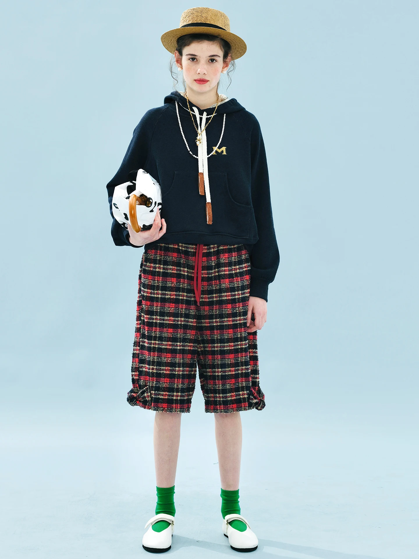 imakokoni 2025 여성 가을 ​​루즈한 붉은색 체크 무늬 워싱 텍스처 안감 캐주얼 5부 팬츠 255172