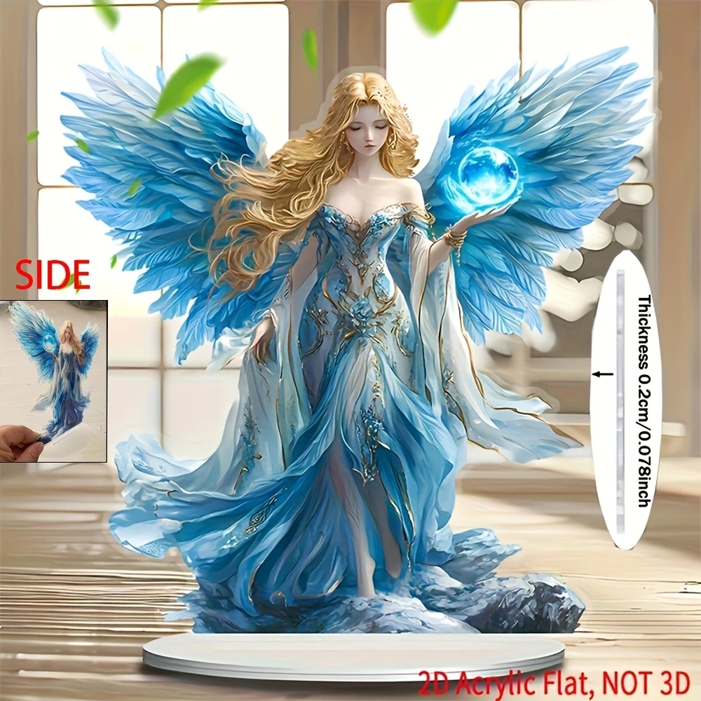 2D Bohemian Blue-Winged Angel Fairy Acryl Desktop-Dekoration Goldenes Haar Mysteriöser Schutzengel Geschenk für Mädchen Foto-Requisiten