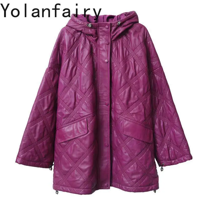 

YOLANFAIRY 2026 Autumn Women Mid-length Real Sheepskin Coat Korean Style Hooded Genuine Leather Purple Cotton Padded Jacket