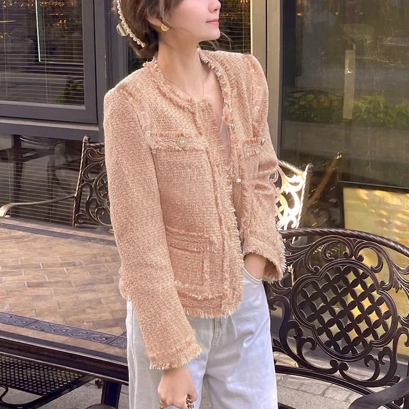 Korean Vintage Tweed Short Jackets Streetwear Slim Coat Spring Long Sleeve All-Match Wool Blend Elegant Blazer Jacket Female Top