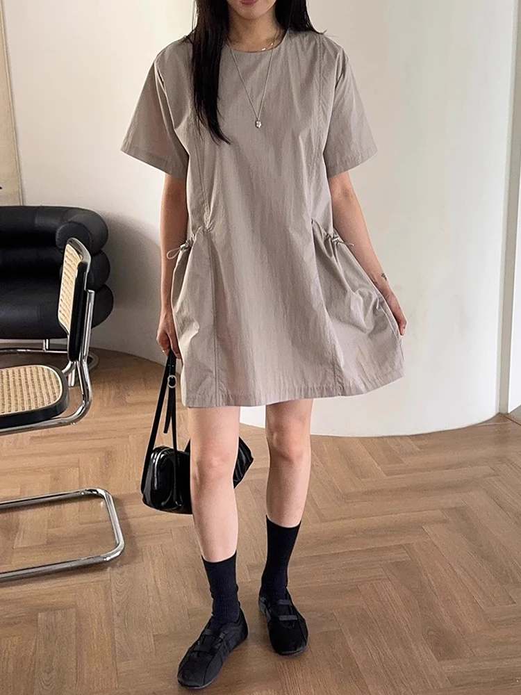 Vestido F de Manga Curta com Cordão Liangliang, Novo Estilo de Verão, Retro, Solto, Camadas, Cor Pura, Saia Curta com ...