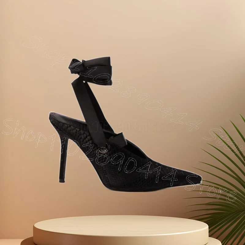 حذاء نسائي أسود مطبوع عليه تمساح بمقدمة مدببة حذاء نسائي برباط بكعب عالي رفيع موضة الحفلات والمواعدة 2025 Zapatos Para Mujere #3