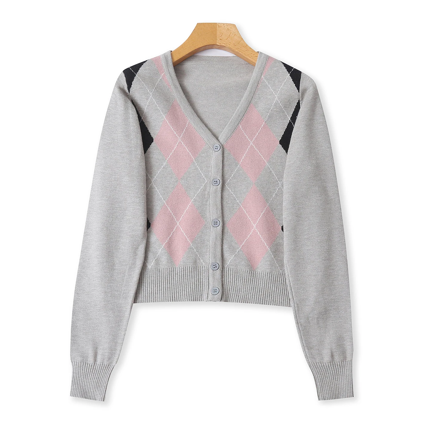 

Вязаный свитер V-Ne Long Sve, кардиган, женский модный осенний новый Sle, вышитый ромбовидный узор, дизайн на одной пуговице