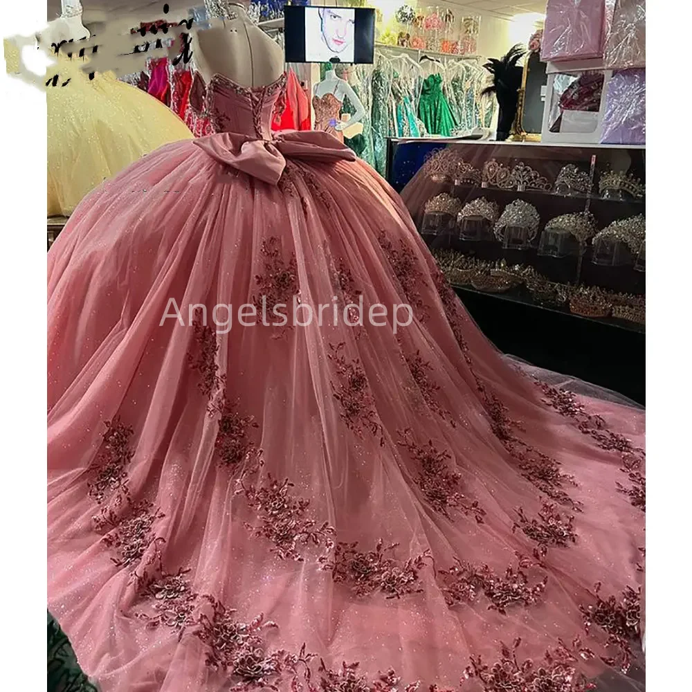 Angelsbridep ที่กําหนดเองสีชมพู Ball Gown Quinceanera ชุด 15 ปี Glitter Sequined Appliques Party Dress Robes De Soirée