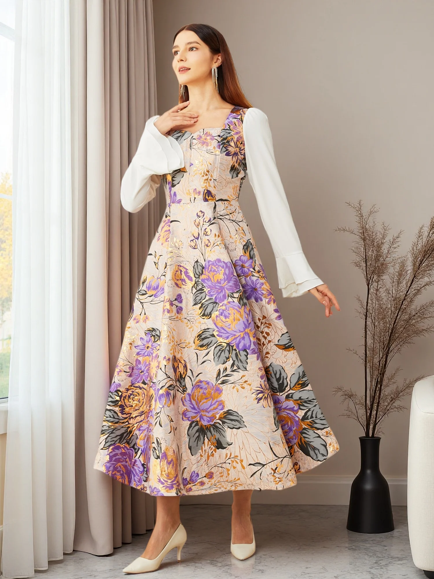 French Vintage Floral Midi Dress - DEVCHATA スクエアネック ヴィンテージジャカード フレンチフレア ロングスリーブ パッチワーク