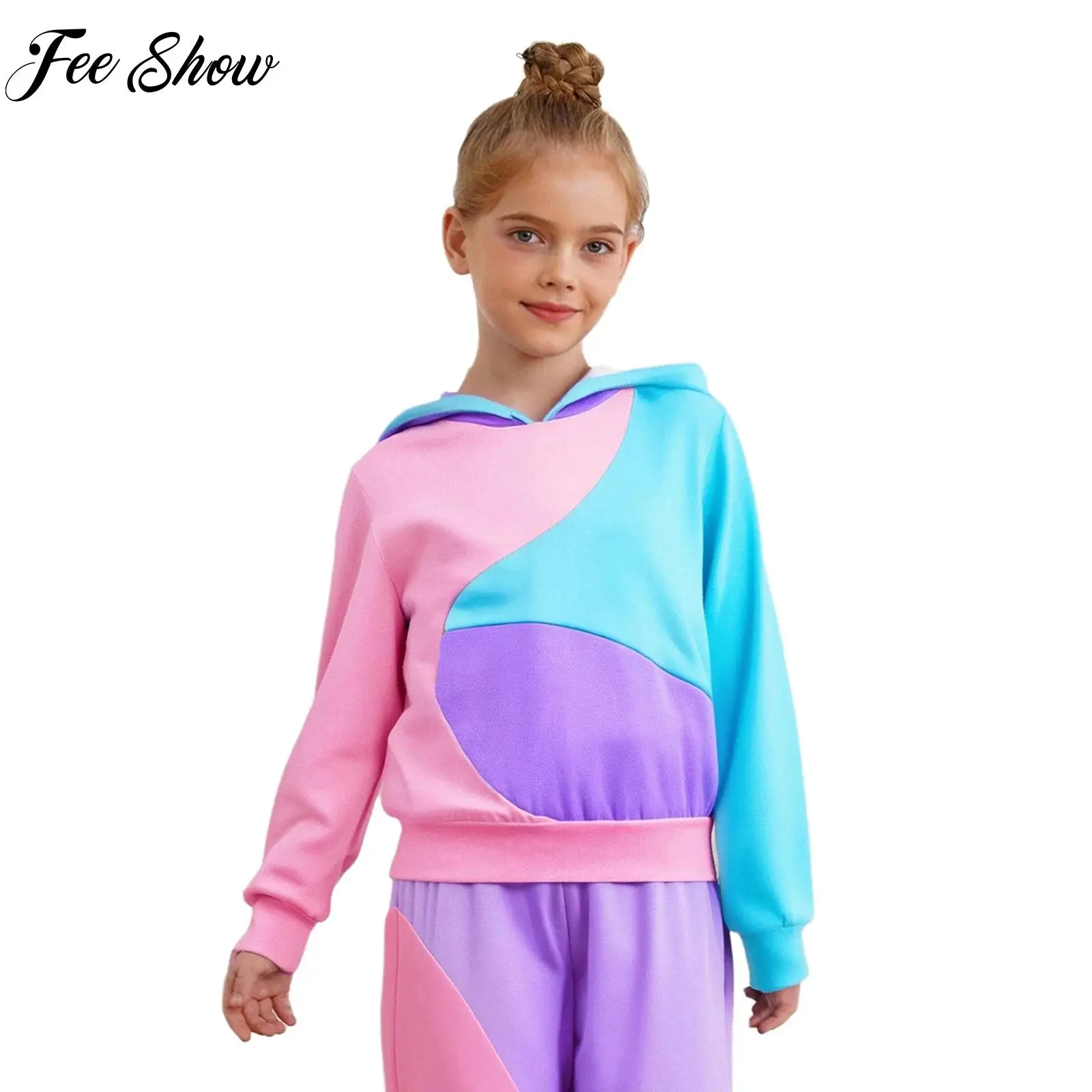 

School Girls Casual Sports Hoodie Fashion Color Block Hoodie Long Sleeve Hooded Pullover Sweatshirt Kid Workout Running Clothing