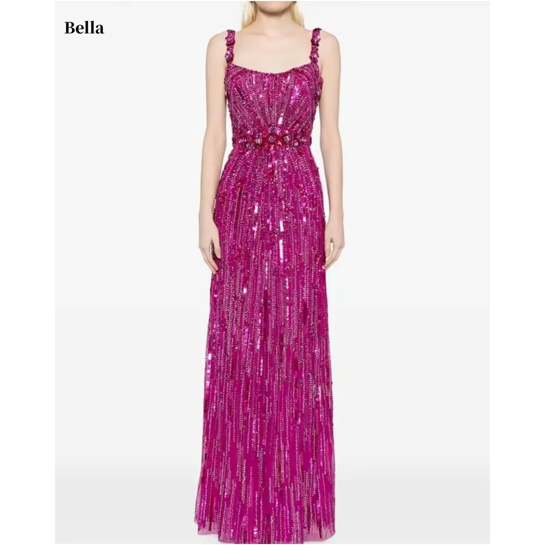 

Bella Customized Pink Spaghetti Strap Square Neck Prom Dress Sequin Fringe Beaded Waist Maxi Party Dresses for Elegant Occasions