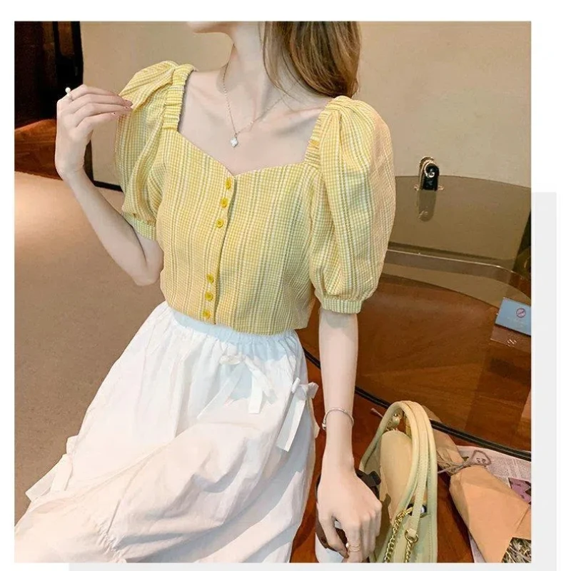 Yellow Plaid Blouse for Women's Summer New Temperament Short Sleeve Button Patchwork Short Shirt Tops Korean Fashion Clothing