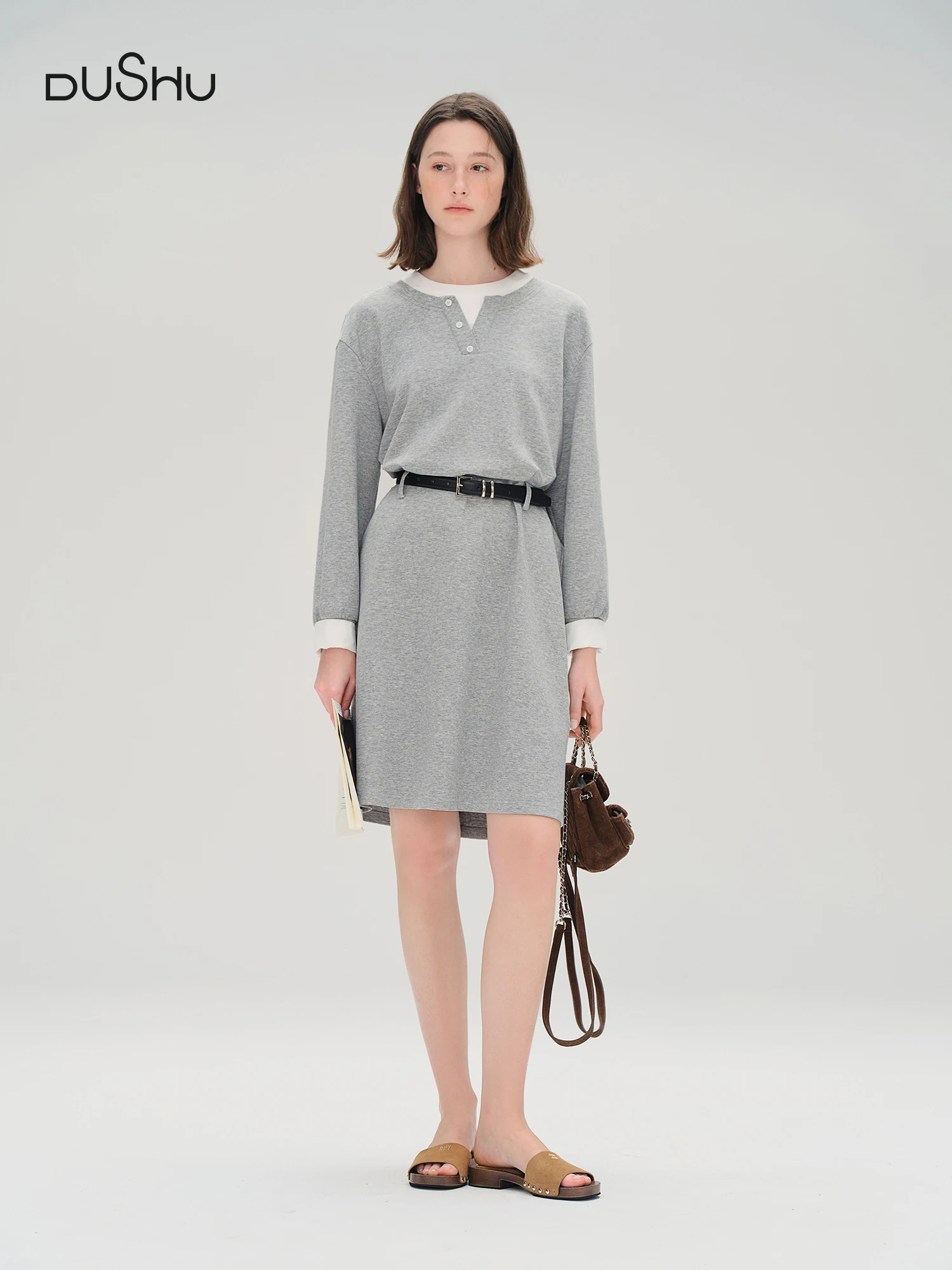 

FSLE Autumn 2025 Women's Mock Layer Dress - Flattering Fit Versatile Length Shift Style Casual Elegant with Lace Trim