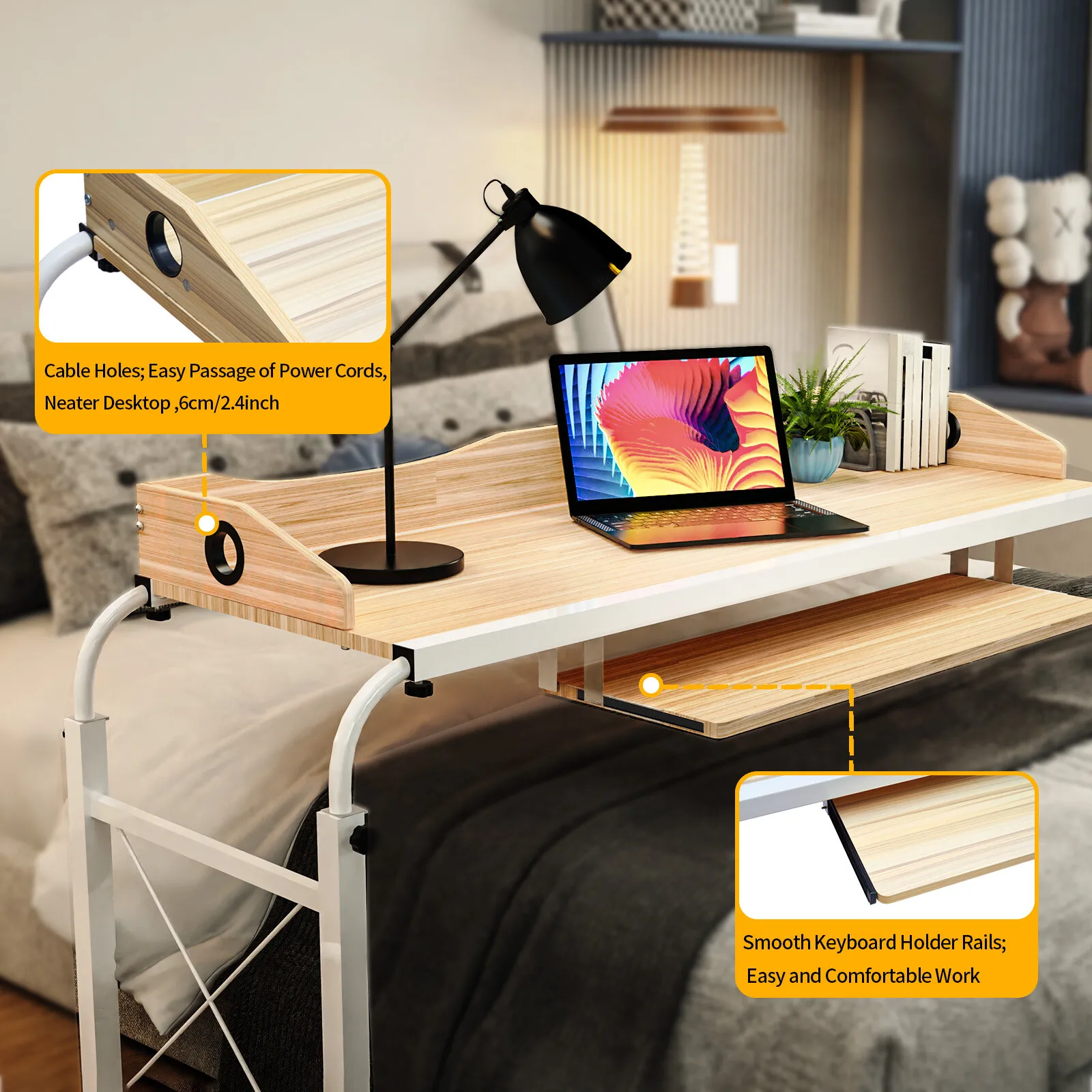 Computer DesksAdjustable Over Bed Table with Rolling Laptop Desk Cart for Home Use