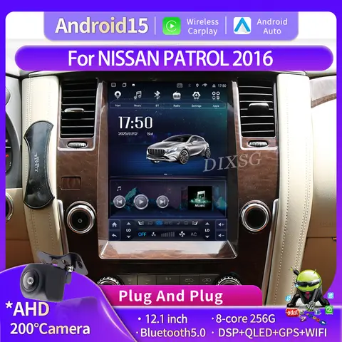 Pantalla Tesla de 12,1 pulgadas Android 15 para NISSAN PATROL Y62 2016 + con navegación GPS Radio Multimedia estéreo Auto CarPlay IPS unidad principal